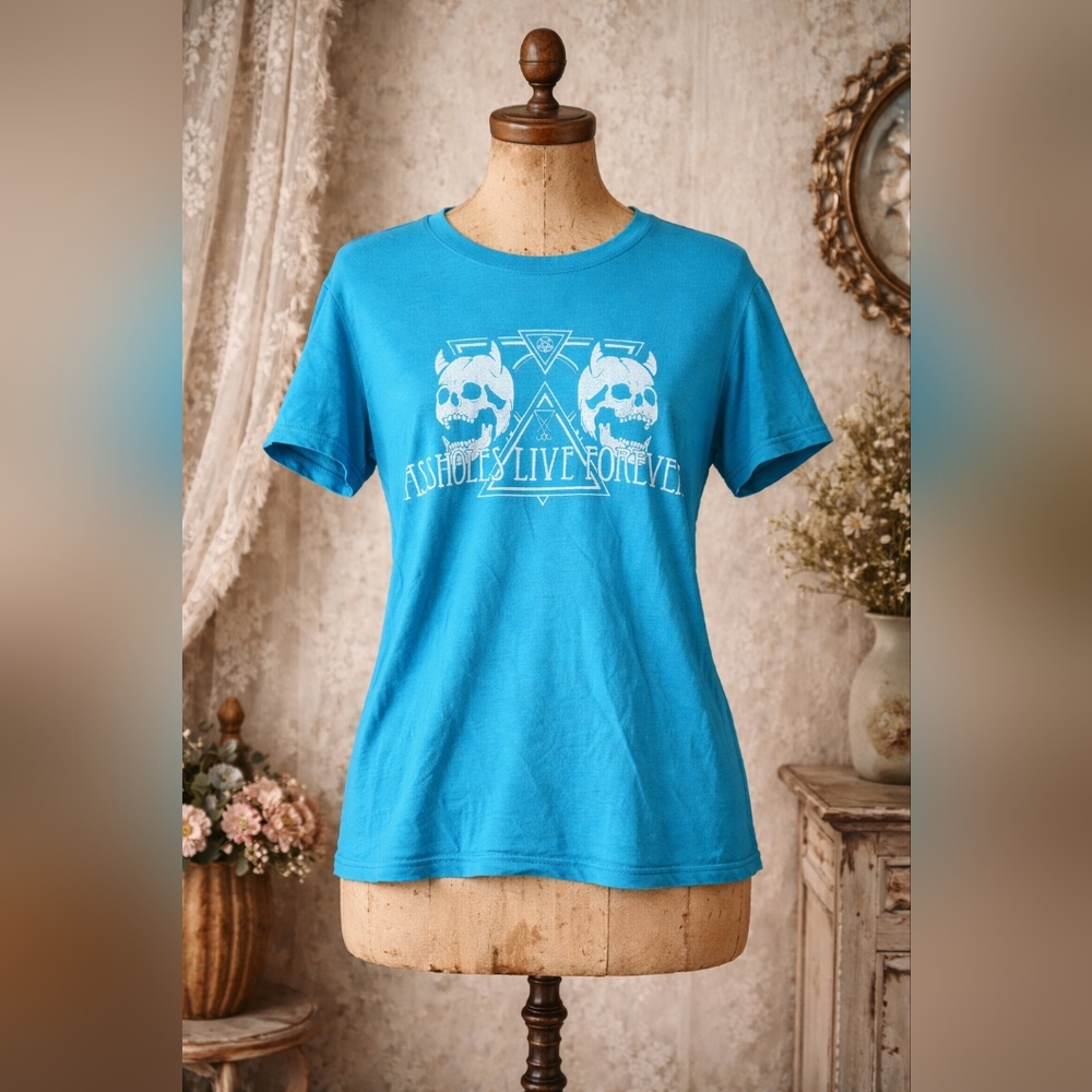 Assholes Live Forever Graphic Tee – Women’s Small – Turquoise Skull Graphic